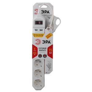 USF-5es-1.5m-USB-W Сетевой фильтр ЭРА (белый) с заземл, 3x0,75мм2, с выкл, 5гн+2USB, 1.5м - купить в Барнауле